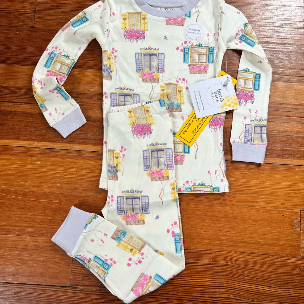 Burt's Bees Cream and Purple Pajama Sets with Whimsical Design
